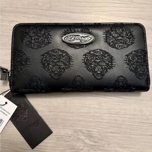 Ed Hardy Tigers All Black Logo Print Embossed Women’s Long Wallet Wristlet  NWT
